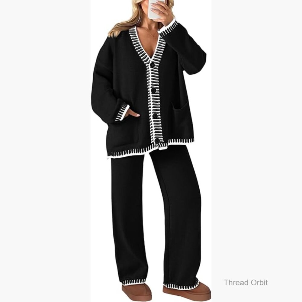 Large Knit Lounge Set Cardigan Pants Matching Relaxed Fit Acrylic Cotton
